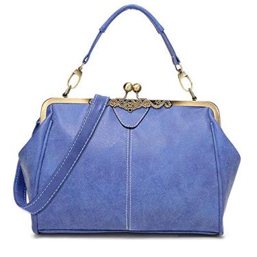 Imagem de Segater Bolsa carteiro feminina vintage pequena retrô Kiss Lock Bolsa tiracolo de couro fosco, Azul, Medium