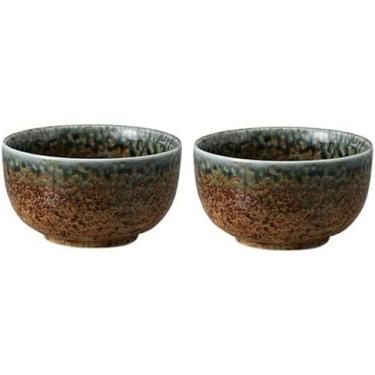 Imagem de Tigelas de cerâmica japonesas tradicionais, 45 ml fluidas, Ai Nagashi uma bela combinação de marrom terroso e um padrão azul oceano Mino Ware Chawan conjunto de 2 feito no Japão 54522