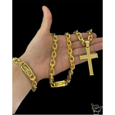 Imagem de Corrente Cadeado 12mm + Pulseira Pingente Banhados a Ouro - Vip Jóias,
