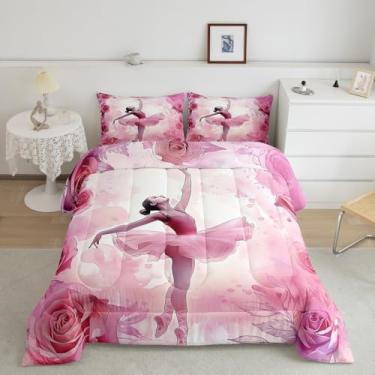 Imagem de Conjunto de edredom romântico com flores rosa para meninos e meninas, tamanho casal, para decoração de quarto de adolescentes, roupa de cama macia de microfibra para dançarinos artísticos