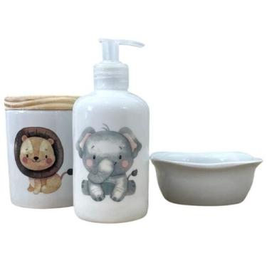 Imagem de Kit higiene bebê Safari 3 peças - pote, porta álcool e molhadeira - Pe