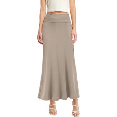 Imagem de Hybrid & Company Saia maxi feminina elástica leve e rodada – casual dobrável sobre a cintura, feita nos EUA, Pedra, G