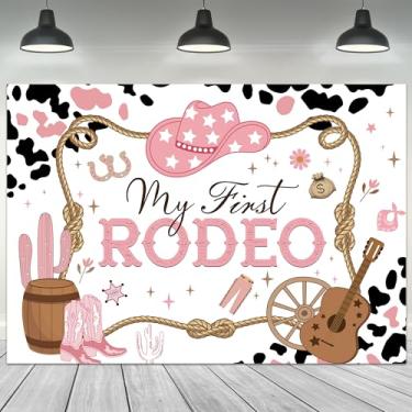 Imagem de Riyidecor Pano de fundo de aniversário de primeiro rodeio cowgirl, faixa de fundo de primeiro aniversário ocidental, estampa de vaca, rosa, cacto do oeste selvagem, feminino, 2,8 x 1,8 m, material de