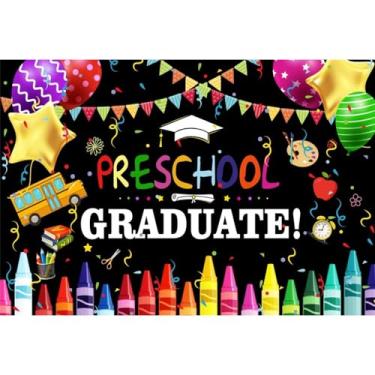 Imagem de Laeacco Pano de fundo para pós-graduação pré-escolar, 1,8 x 1,2 m, preto, parabéns, cerimônia de graduação, cenário fotográfico para crianças, pré-escolares, materiais de festa de formatura, retratos