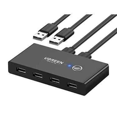 Imagem de UGREEN Seletor de switch USB 2 computadores compartilhando 4 dispositivos USB Hub de caixa de switch periférico USB 2.0 para mouse, teclado, scanner, impressora, PCs com troca de um botão e 2