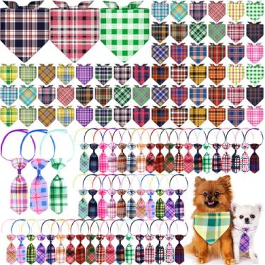 Imagem de Reginary Conjunto de 108 bandanas para cães, conjunto de gravata borboleta, cachecol triangular, padrão xadrez, lenço de animal de estimação, ajustável, lavável, babadores, coleira de pescoço para