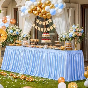 Imagem de Wish Care Saia de mesa azul bebê com brilho de 6,4 m de comprimento para mesas retangulares, saias de mesa sem rugas, toalha de mesa plissada com babados para chá de bebê, revelação de gênero, tema de