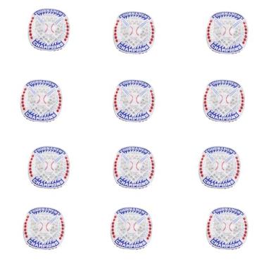 Imagem de TOPSPORTSJEWELRY Pacote com 12 peças de troféu de anel de campeonato azul torneio de beisebol na lateral tamanho 9 (12 peças de anéis campeões brancos)