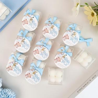 Imagem de 10 conjuntos de lembrancinhas de chá de bebê, velas perfumadas para convidados, incluindo mini velas de bolha, caixas de acrílico, etiquetas de presente de fita azul e acessórios de pérola para