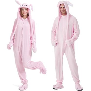 Imagem de Ezuwail Pijama de coelho adulto para mulheres, macacão de Natal e Halloween, fantasia de coelhinho rosa adulto para dormir, roupa de casa, P