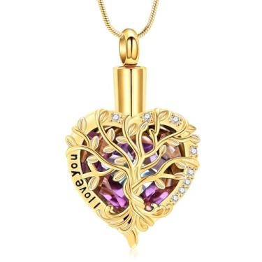 Imagem de AIWENXI Colar de urna árvore da vida para cinzas para homens e mulheres em forma de coração pedra do mês de nascimento joia de cremação memorial animal de estimação pingente de lembrança de aço