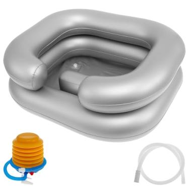 Imagem de Lavatório de cabelo inflável, lavatório de xampu com suporte de cabeça e pescoço, tigela de xampu inflável dobrável, bandeja de pia de xampu inflável portátil para cama com mangueira de drenagem
