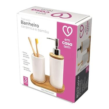 Imagem de JG BANHEIRO CERAMICA BRANCA E BAMBU (BANDEJA + PORTA-ESCOVA + SABONETEIRA) 3 PCS - CM12