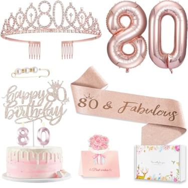 Imagem de Awfrky Decorações de Aniversário de 80 Anos para Mulheres: Tiara/Coroa Brilhante de 80 Anos, Faixa '80 & Fabulous', Topo de Bolo de Aniversário, Pino de Pérola, Velas e Balões Numéricos Ouro Rosa