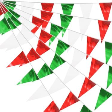 Imagem de 130FT Branco Verde Vermelho Glitter Triângulo Bandeira Bandeira Metálica Bunting Tecido Guirlanda para Natal Itália Mexicano Aniversário Chá de Bebê Casamento Banners de Ano Novo Decoração de Inverno
