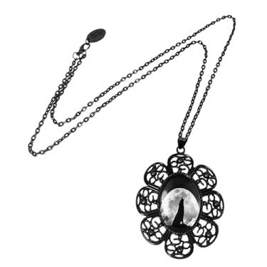 Imagem de Colar com pingente de lua de lobo gótico, design de flor de filigrana de metal preto, corrente de 61 cm, grande, metal, sem pedra preciosa