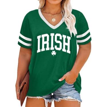 Imagem de Camiseta feminina QAUN St. Patrick's Day Plus Size com decote em V ver