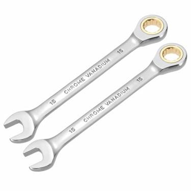 Imagem de HARFINGTON 2 chaves de catraca de 15 mm métrico 12 pontos CR-V aço cromado alongamento caixa dupla chave catraca de extremidade aberta com 72 dentes e chave inglesa de engrenagem giratória de 5° para