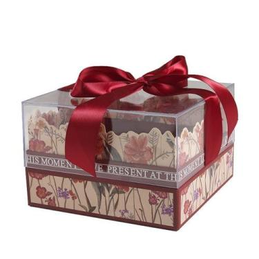 Imagem de Caixa de presente acrílica vermelha elegante com design floral 9x14x9c