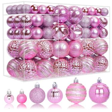 Imagem de Conjunto de 100 enfeites de bola de Natal rosa, pintados à mão, decorações penduradas à prova de estilhaçamento, bolas sortidas a granel para guirlanda de árvore de Natal, decoração de festa de