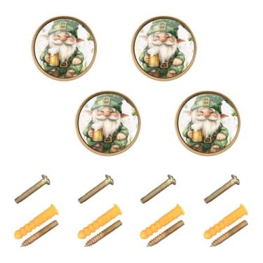 Imagem de Burbuja Puxadores de armário de cozinha de cerveja St. Patrick Gnomo, pacote com 4, puxadores redondos de 3,5 cm, puxadores de cômoda com parafusos para armários de cozinha, quarto, armário