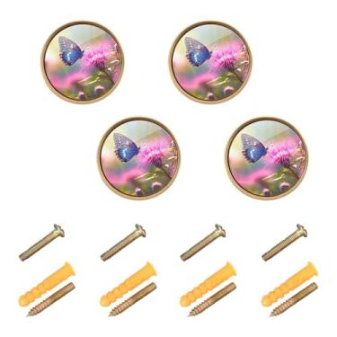 Imagem de Burbuja Maçanetas de armário de cozinha com flores de borboleta, pacote com 4, puxadores redondos de 3,5 cm, puxadores de cômoda com parafusos para armários de cozinha, quarto, armário