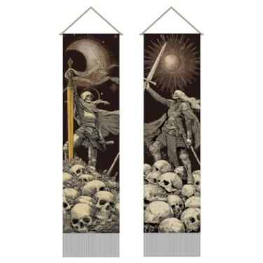 Imagem de AHANDMAKER Pacote com 2 tapeçarias de esqueleto de caveira, tapeçaria longa vertical de espada, sol e lua, terror, mitologia, porta, cortina, borla, para quarto, sala de estar, 33 x 128 cm