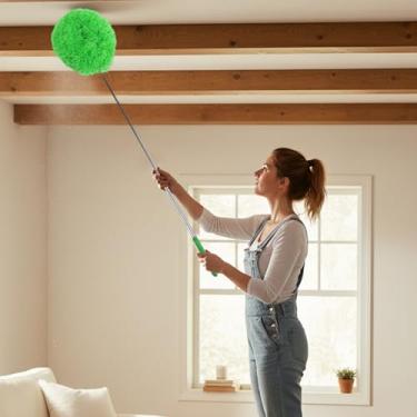 Imagem de Espanador de penas extensível removedor de poeira telescópico para móveis de carro de escritório doméstico ferramenta multiuso de limpeza de teto alto (verde, cabeça redonda)