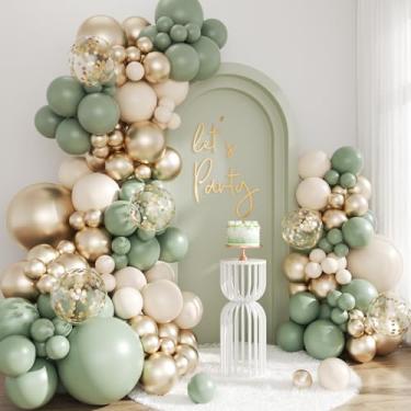 Imagem de Kit de arco de balão de ouro verde sálvia, 143 peças, verde sálvia e ouro branco areia, kit de arco de guirlanda, balões de café para aniversário, casamento, chá de bebê, decoração reveladora de