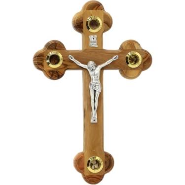 Imagem de Spring Nahal Crucifixo ortodoxo de madeira de oliveira com 4 lentes da Terra Santa, cruz cristã feita à mão com figura de Jesus prateada, feito em Belém (28 cm x 18 cm / 11,2" x 7,2")