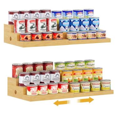 Imagem de Pacote com 2 organizadores expansíveis de bambu para exibição de despensa, suporte de armazenamento de latas ajustável de 3 camadas, organizador de refrigerante e alimentos enlatados para armários e