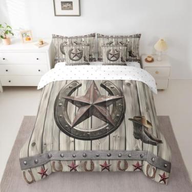 Imagem de Feelyou Conjunto de edredom de caubói ocidental, 7 peças, vintage, porta de celeiro, para crianças, adultos, fazenda, campo, edredom + lençol + fronhas + fronhas