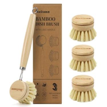 Imagem de ÖkoStamm Escova de prato de bambu com cabo longo – conjunto de escovas de limpeza natural inclui 3 cabeças de escova de substituição, escova de bambu de cerdas de sisal para pratos, panelas, panelas