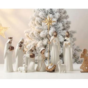 Imagem de VioraWhite Estábulo Wesiti com conjunto de 12 peças, coleção, bonecos de presépio e estábulo, lâmpada noturna pentagrama de 38 cm, pacote com 3, enfeites de árvore de Natal de madeira de 17 cm para