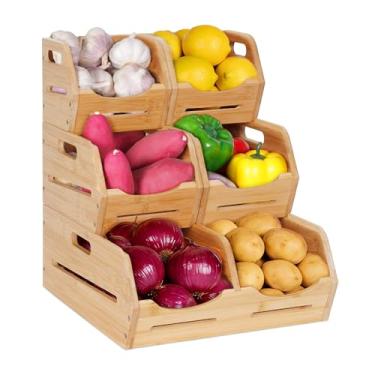 Imagem de Tfro & Cile Cesta de bambu de frutas e vegetais de 3 camadas, suporte de balcão de cozinha