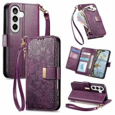 Imagem de Capa carteira para Samsung Galaxy S26 Plus, capa flip de couro PU com compartimentos para cartões, bolso para moedas com zíper, estampa floral em couro PU para mulheres e meninas 16,9 cm roxo profundo
