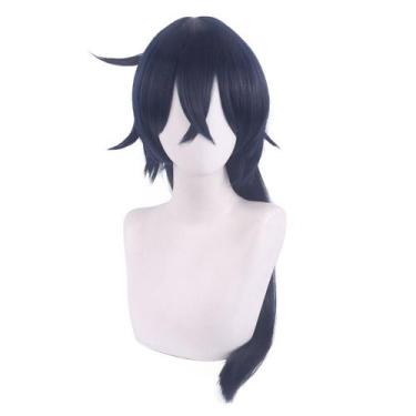 Imagem de Peruca de cosplay de 80 cm de comprimento preta azul com franja em cam