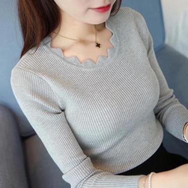 Imagem de Suéter Feminino Branco De Tricô Slim Fit Com Gola Borboleta Manga Long