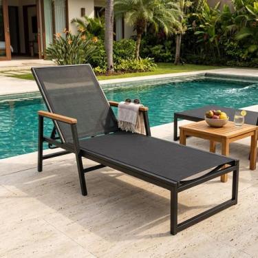 Imagem de Espreguicadeira em Tela Sling Design Moderno com Braco em Madeira Pret