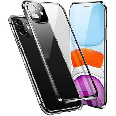 Imagem de HAODEE Capa para Apple iPhone 11 (2019) 6,1 polegadas, capa frontal e traseira de vidro temperado transparente magnético com protetor de lente de câmera (cor: preto)
