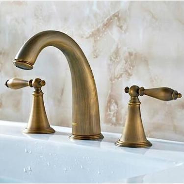 Imagem de Torneira da pia do banheiro com 3 furos Torneira da bacia montada no convés Alças duplas 3 peças Torneira misturadora Água quente e fria, latão antigo