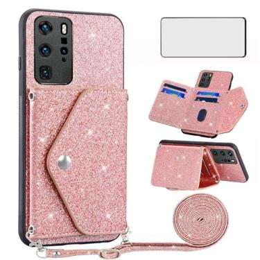 Imagem de Asuwish Capa de telefone para Huawei P40 Pro capa carteira com protetor de tela de vidro temperado e alça transversal cordão brilhante suporte para cartão acessórios Hawaii P40Pro 5G P 40 40pro rosa