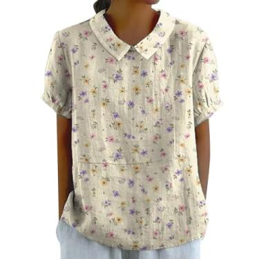 Imagem de Camiseta feminina de verão com gola de boneca, manga curta, estampa de flores, blusa moderna, casual, solta, Bege, XXG