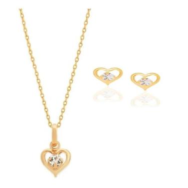 Imagem de Kit Rommanel Coração Vazado Cristal Colar Brinco E Kit Luxo, 42Cm, Dou