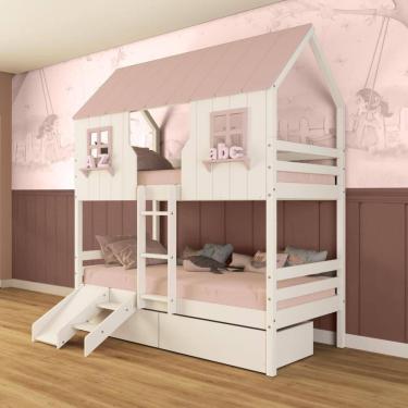 Imagem de Beliche Casinha Encantada Com 02 Gavetas Kit Escada/ Escorregador Madeira Maciça Branco/ Rosa Megamobilia