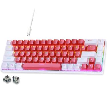 Imagem de abucow Teclado mecânico 60% com luz de fundo azul teclado para jogos de 68 teclas branca-azul claro - Interruptores vermelhos para uma experiência premium de digitação e jogos PC Mac (branco-vermelho)