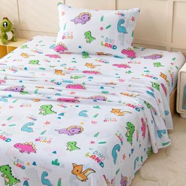Imagem de Jogo de lençol de solteiro infantil, jogo de cama de 3 peças para meninos e meninas, roupa de cama de microfibra macia escovada, bolso profundo, resistente a rugas e desbotamento, dinossauro fofo