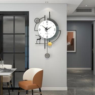 Imagem de Hoernflk Relógio de parede decorativo grande com pêndulo para sala de estar, moldura preta, mostrador branco, funciona sem tique-taque para cozinha, quarto, escritório, relógio de metal silencioso