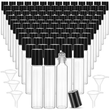 Imagem de MAQUITA 100 frascos de rolo de óleo essencial, frascos de vidro vazios de 10 ml com proteção de bolas de aço inoxidável à prova de vazamento com 5 funis para perfume de viagem brilho labial