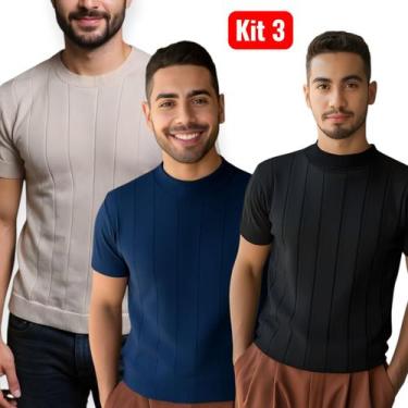 Imagem de Kit 3 Camiseta masculina Camisa Social Malha Contraste Tricô de malha 